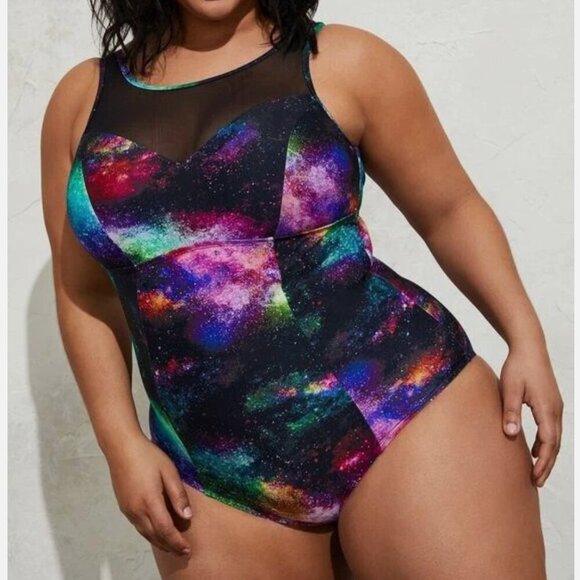 Torrid One 1 Piece Swim Suit High Neck Galaxy Stars Print Black Plus Size 4X - Picture 1 of 12